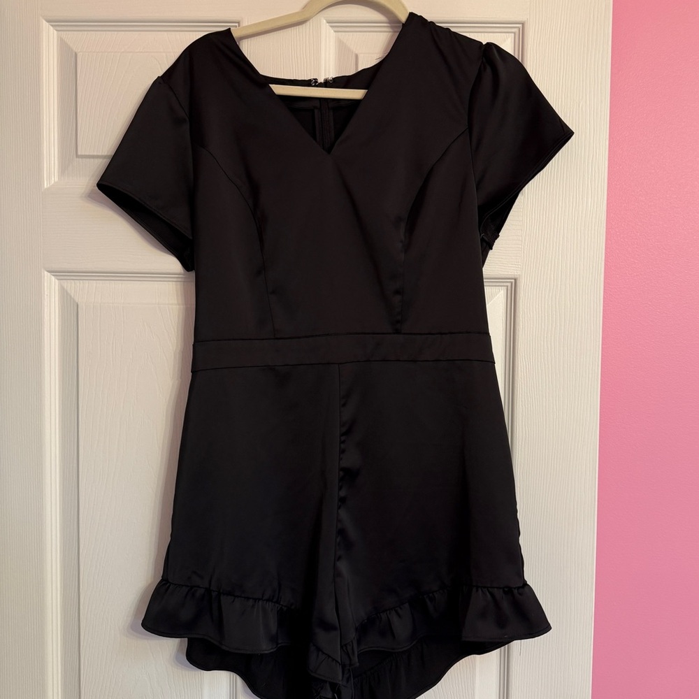 Bebe Black Satin Short Sleeve Romper